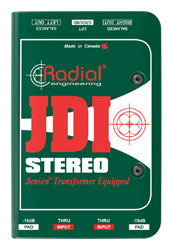 RADIAL JDI STEREO DI BOX Passive, stereo, 2x 6.35mm jack inputs, 2x 6.35mm jack thru