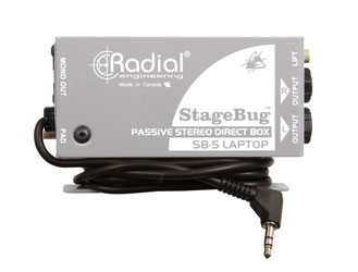 RADIAL STAGEBUG SB-5 DI BOX Passive, stereo, captive 3.5mm TRS jack input, for laptop/mobile device