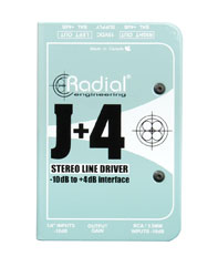 RADIAL J+4 STEREO SIGNAL BOOSTER Line, balanced -10dB to +4dB, 6.35mm jack/phono inputs