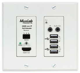 MUXLAB 500777 VIDEO EXTENDER Wallplate, receiver, HDMI/USB, UHD-4K, 2-gang US, Decora, white