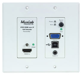 MUXLAB 500777 VIDEO EXTENDER Wallplate, transmitter, HDMI/VGA/USB, UHD-4K, 2-gang US, Decora, white