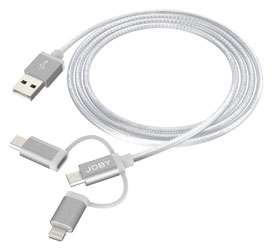 JOBY CHARGE AND SYNC CABLE USB-A to USB-C/MicroUSB/Lightning, braided nylon, 2.4A, 1.2m, grey