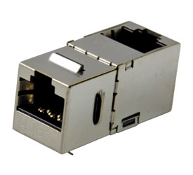 TUK KEYSTONE RJ45 BACK-TO-BACK COUPLER Cat6, rear at 90 degrees, shielded metal body