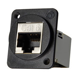 TUK D-SERIES KEYSTONE RJ45 BACK-TO-BACK COUPLER Cat6, rear at 90 degrees, shielded metal body