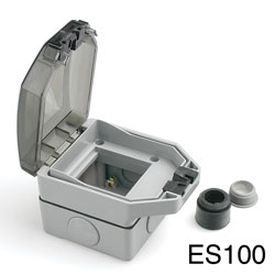 RPP EASYCLIP WEATHERPROOF BOX ES100 1-gang, full module, grey plastic, cable outlet, white trim