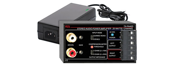 RDL TX-PA40D POWER AMPLIFIER 2x 20W/8, 2x 15W/4, with PS-24V3 power supply