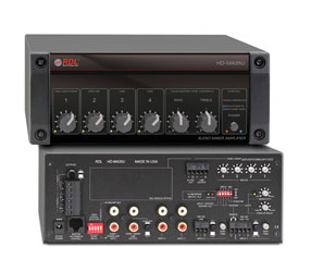 RDL HD-MA35U MIXER AMPLIFIER 35W, 4/8 Ohm, 4-channel, 2x dual RCA (phono), 2x terminal