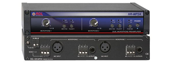 RDL HR-MP2A MICROPHONE PREAMPLIFIER Dual input, balanced, stereo, mono out, 24/48V phantom, filters