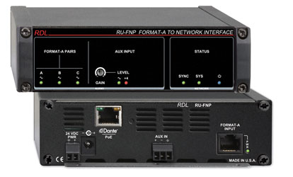 RDL RU-FNP DANTE INTERFACE Input, 1x Format-A RJ45 in, aux term block in, POE