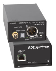 RDL SF-ND2 DANTE INTERFACE Output, 1x AES/SPDIF/optical out, XLR/RCA (phono)/Tos-link outputs