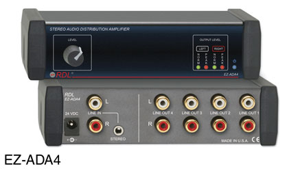RDL EZ-ADA4 AUDIO DISTRIBUTION AMPLIFIER Stereo, 1x4, 10x RCA (phono), level control, AC adapter