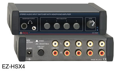 RDL EZ-HSX4 INPUT SWITCHER Audio, stereo, 4x1, with headphone amplifier, RCA (phono) I/O, AC adapter