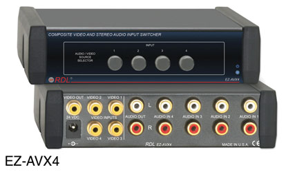 RDL EZ-AVX4 INPUT SWITCHER Audio and video, stereo, composite, 4x1, 15x RCA phono I/O, AC adapter