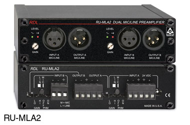 RDL RU-MLA2 MICROPHONE PREAMPLIFIER Dual channel, mic/line, XLR/terminal block I/O