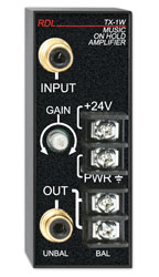 RDL TX-1W AUDIO AMPLIFIER Music on hold, adjustable gain, RCA I/O, 600R balanced terminal out