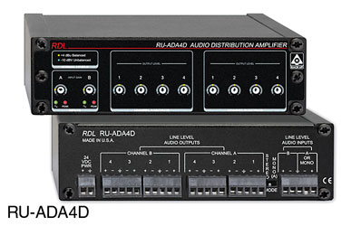 RDL RU-ADA4D DISTRIBUTION AMPLIFIER Line level audio, 1x4 stereo or 1x8 mono, terminal block I/O