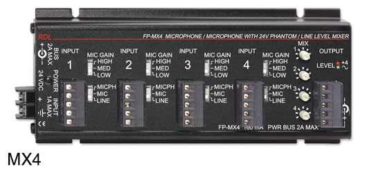 RDL FP-MX4 MIXER Audio, 4x balanced mic/line inputs, 24V phantom, terminal block I/O