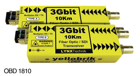 LYNX YELLOBRIK OBD 1810 FIBRE TRANSCEIVER 3G/HD/SD-SDI, Bi-Direction, 1x SM LC, 10km, pair