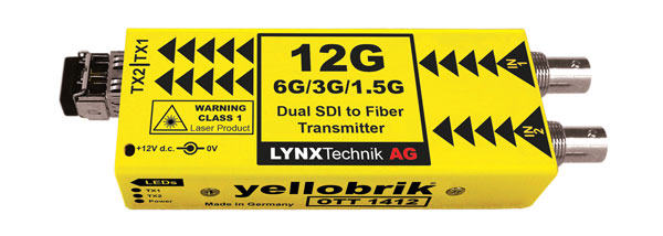 LYNX YELLOBRIK OTT 1412 FIBRE TRANSMITTER DUAL 12G-4KUHD/6G/3G/1.5G-SDI, 2x SM LC, 1310nm 10km