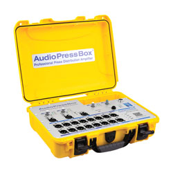 AUDIOPRESSBOX APB-320 C-D-USB PRESS SPLITTER Portable, Dante, USB-C, active, battery/mains, yellow