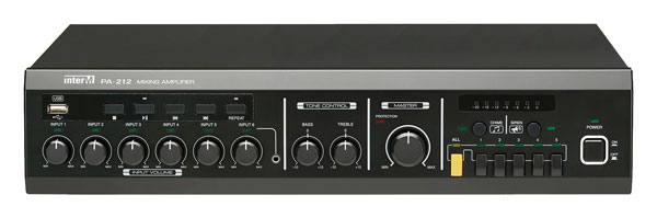 INTER-M PA212 MIXER AMPLIFIER 1x 120W, 70/100V/Low-Z, 6-input, USB input, chime/siren