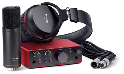 FOCUSRITE SCARLETT SOLO STUDIO 4TH GEN AUDIO INTERFACE Bundle with microphone, cable, and headphones